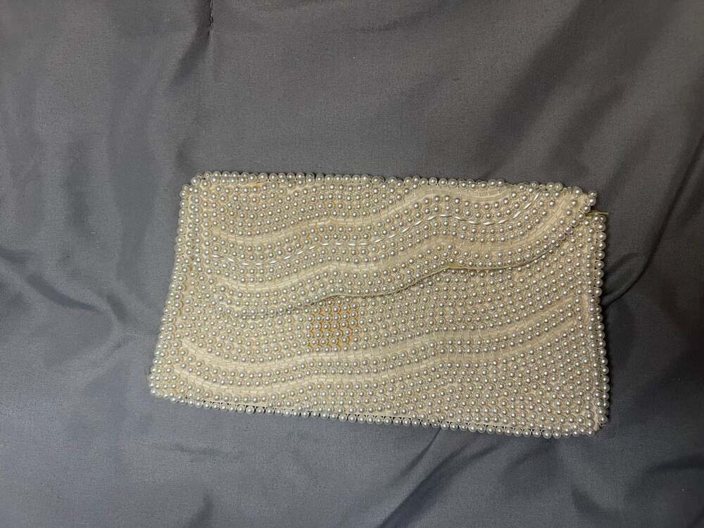 Vintage Mid-Century Pearl and Seed Bead Evening Clutch Bag Made in Japan